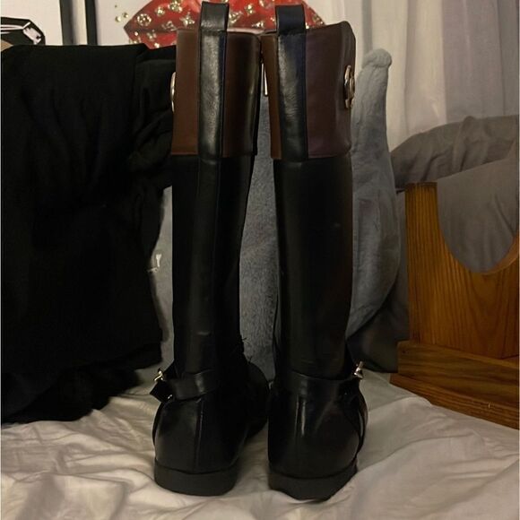 Michael Kors Emma two tone leather riding boots w/buckle/belt black sz 5 - Picture 11 of 12